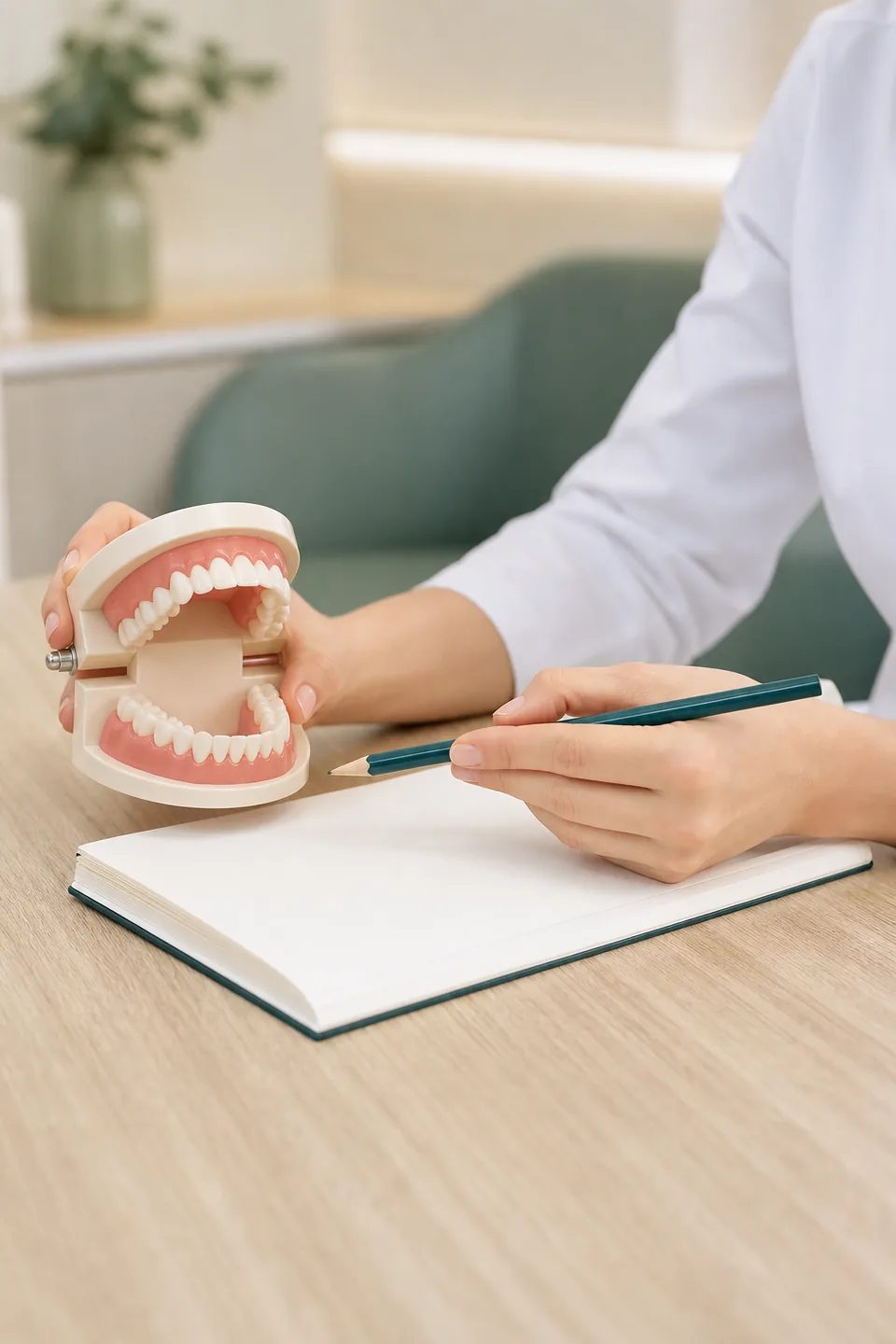 Mãos segurando um modelo odontológico durante uma explicação demonstrativa