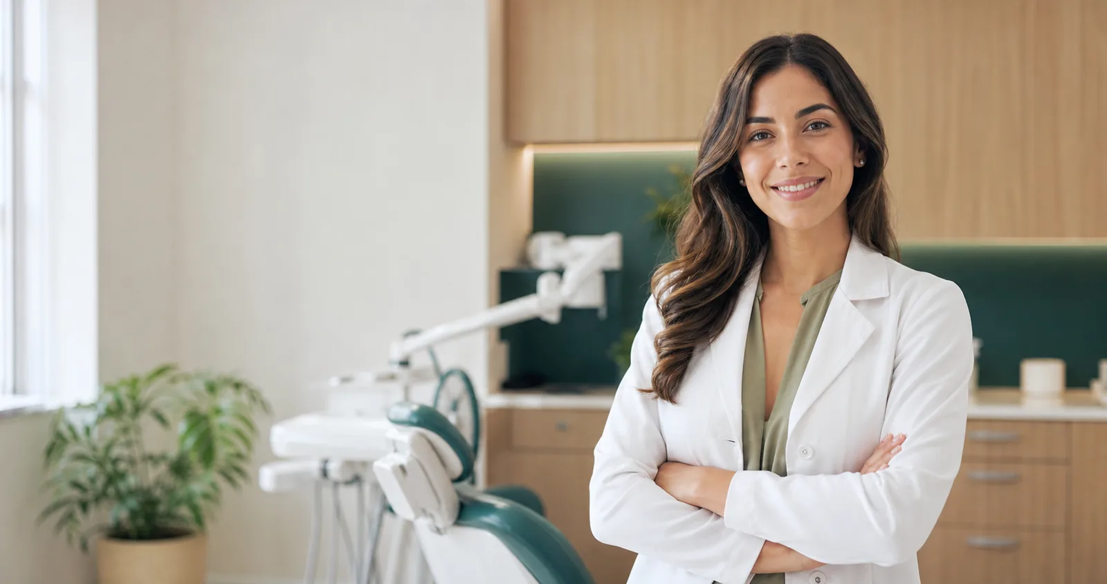 Profissional fictícia de odontologia em um consultório claro e contemporâneo